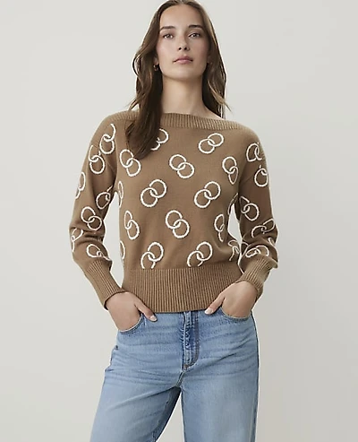 Ann Taylor Petite Geo Print Boatneck Sweater Pecan Women's