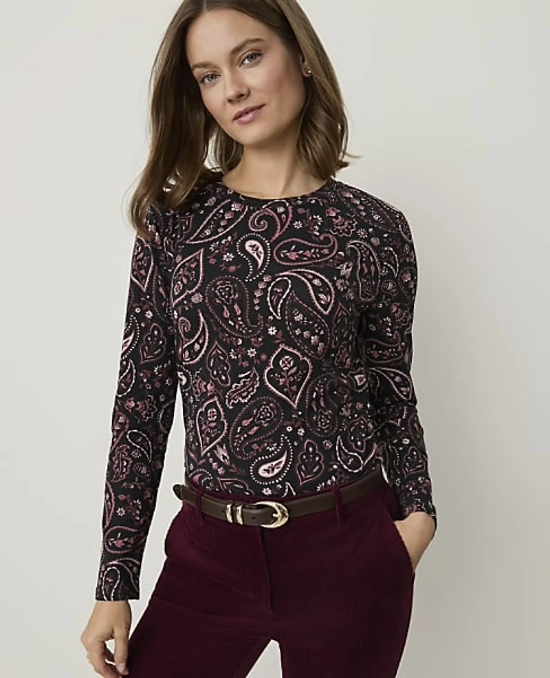 Ann Taylor Petite Paisley Crew Neck Top Black Women's