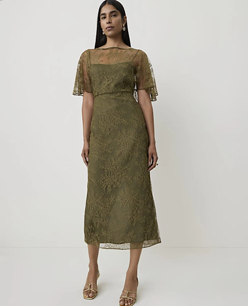 Ann Taylor Lace Flutter Sleeve Midi Dress Olive Sprig Women's