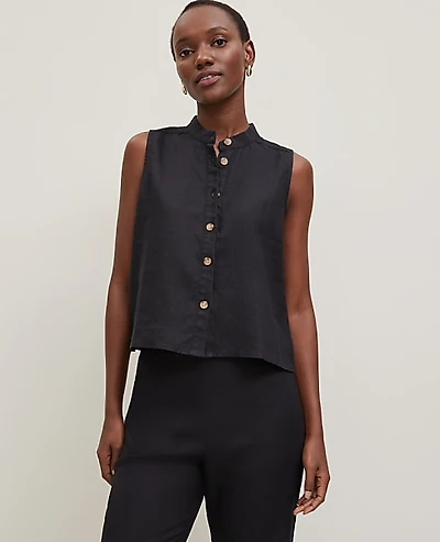 Ann Taylor Linen Sleeveless Shirt Black Women's