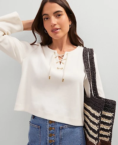 Ann Taylor Weekend Collection Lace-Up Top Size XL Winter White Women's