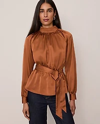 Ann Taylor Satin Tie Waist Blouse Size XS Spiced Cider Women's