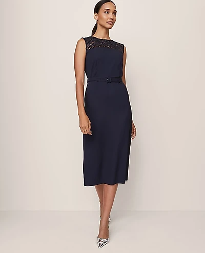 Ann Taylor Lace Trim Satin Midi Dress Night Sky Women's