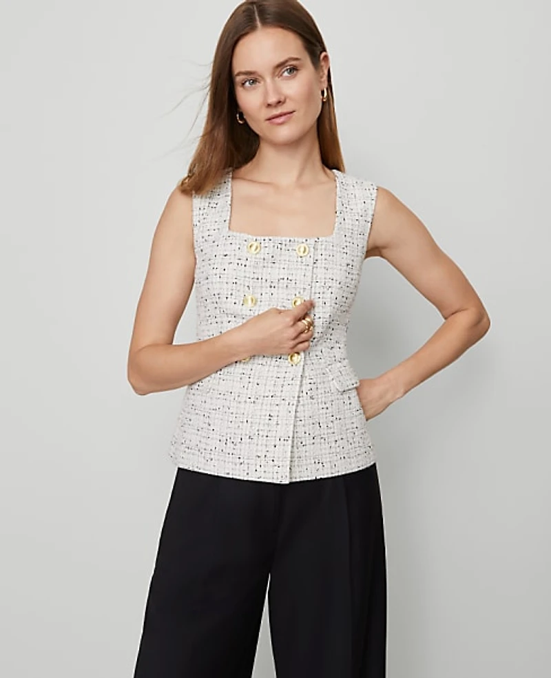 Ann Taylor Tweed Square Neck Vest Size 14 Charcoal/White Combo Women's