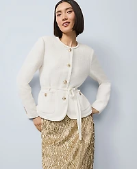 Ann Taylor Tweed Belted Jacket Size 14 Winter White Women's
