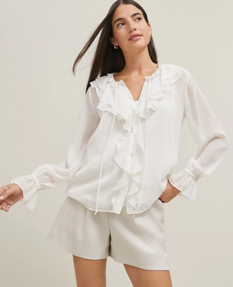 Ann Taylor Tie Neck Ruffle Popover Top Size Medium Winter White Women's