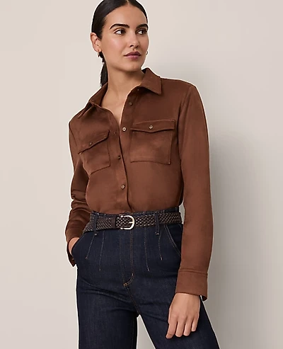 Ann Taylor Faux Suede Pocket Shirt Size XS Chocolate Mousse Women's