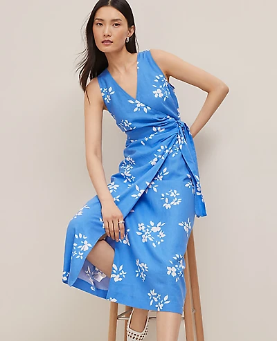 Ann Taylor Petite Floral Linen Blend V-Neck Wrap Dress Size 0 Maritime Blue Women's