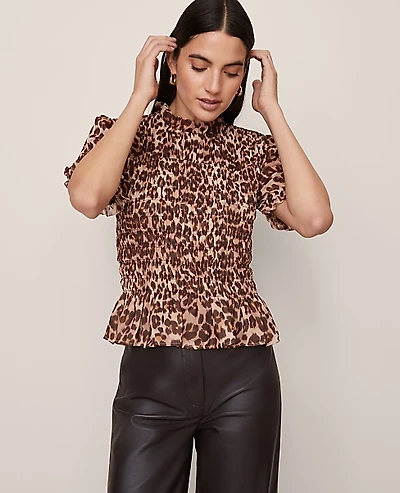 Ann Taylor Animal Print Smocked Ruffled Top Size XL Pale Sandalwood Women's