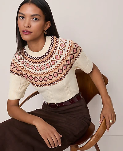 Ann Taylor Fair Isle Cable Sweater T-Shirt Seedpearl Women's
