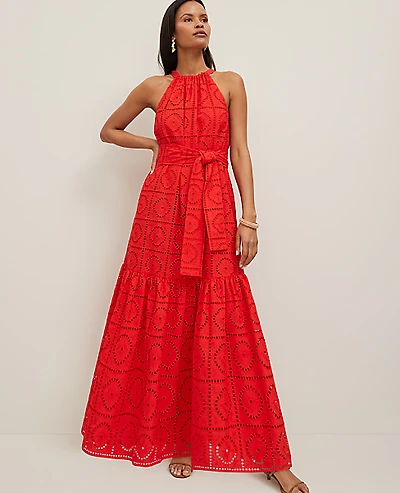 Ann Taylor Petite Eyelet Halter Flare Maxi Dress Size XS Fiery Red Women's