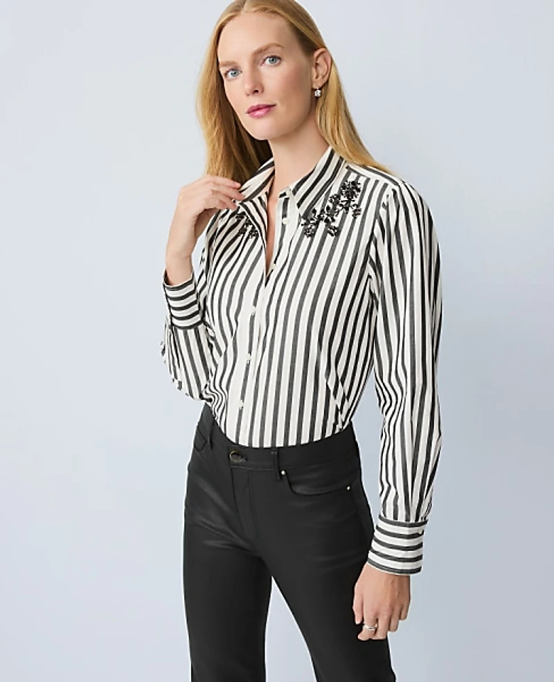Ann Taylor Striped Embellished Shirt Black Women's