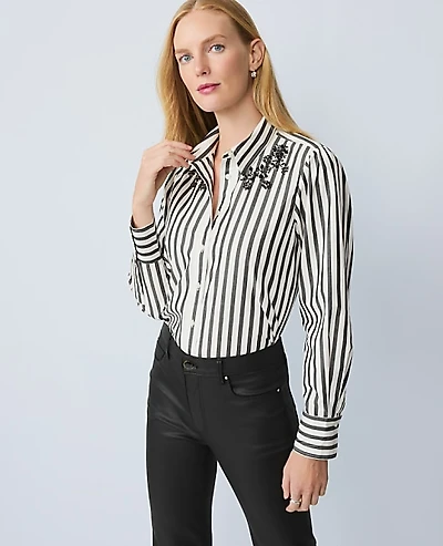 Ann Taylor Striped Embellished Shirt Black Women's