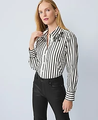 Ann Taylor Striped Embellished Shirt Black Women's