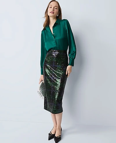 Ann Taylor Sequin Plaid Column Midi Skirt Black 1 Women's