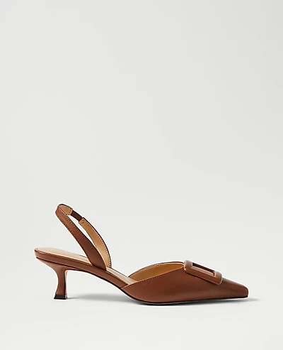 Ann Taylor Pointy Toe Buckle Leather Slingback Pump Size 8 Rich Toffee Camel Women's
