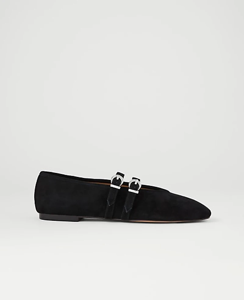 Ann Taylor Buckled Suede Ballet Flat Black Women's