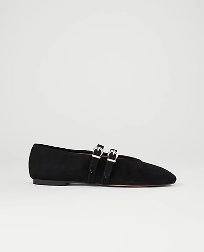 Ann Taylor Buckled Suede Ballet Flat Black Women's