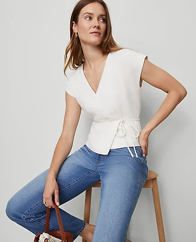 Ann Taylor Petite Wrap Tie Waist Blouse Winter White Women's