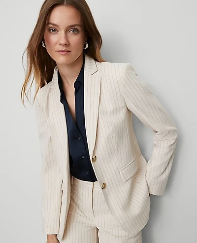 Ann Taylor The Greenwich Blazer in Pinstripe Size 14 Black Cream Combo Women's