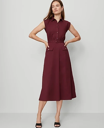 Ann Taylor Petite Belted Flare Midi Shirtdress Size 4 Windsor Wine Women's