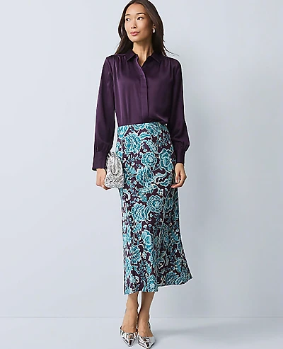 Ann Taylor Floral Satin Midi Slip Skirt Size XS Aubergine Dream Women's