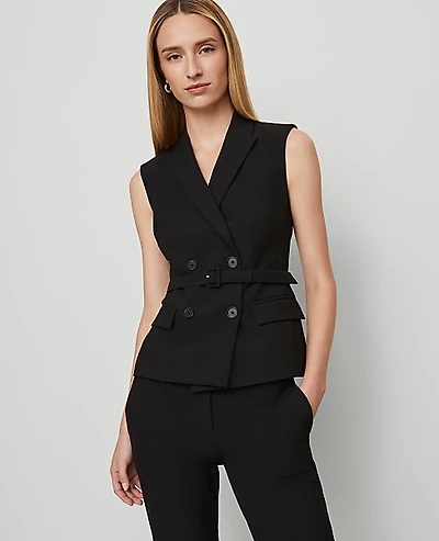Ann Taylor Belted Double Breasted Vest Seasonless Stretch Core Black Women's