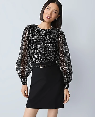 Ann Taylor Dotted Pleated Collar Blouse Size XL Black Women's