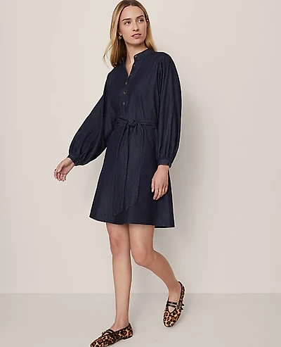 Ann Taylor Petite Weekend Stand Collar Shift Dress Dark Chambray Women's