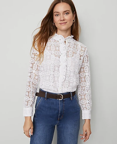 Ann Taylor Petite Ruffle Collar Lace Blouse Size 2XS White Women's