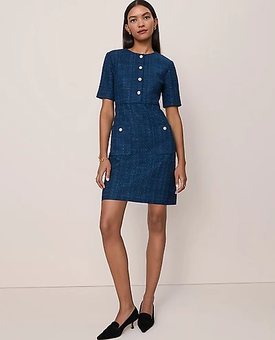Ann Taylor Tweed Crew Neck Shift Dress Size 0 Moonlit Backdrop Women's