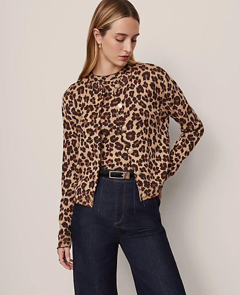 Ann Taylor Petite Animal Print Jacquard Cardigan Almond Croissant Women's