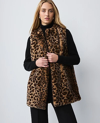 Ann Taylor Weekend Faux Fur Animal Print Vest Brown Multi Women's