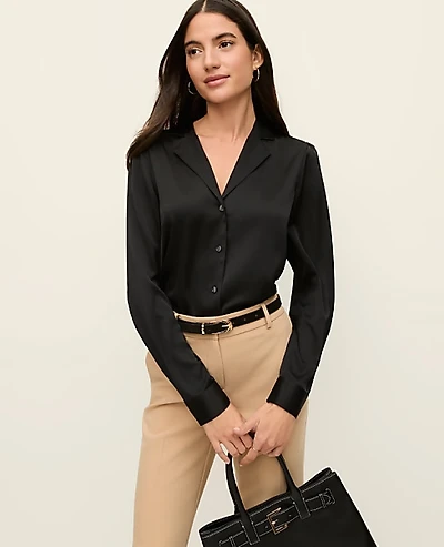 Ann Taylor Satin Notched Collar Blouse Black Women's