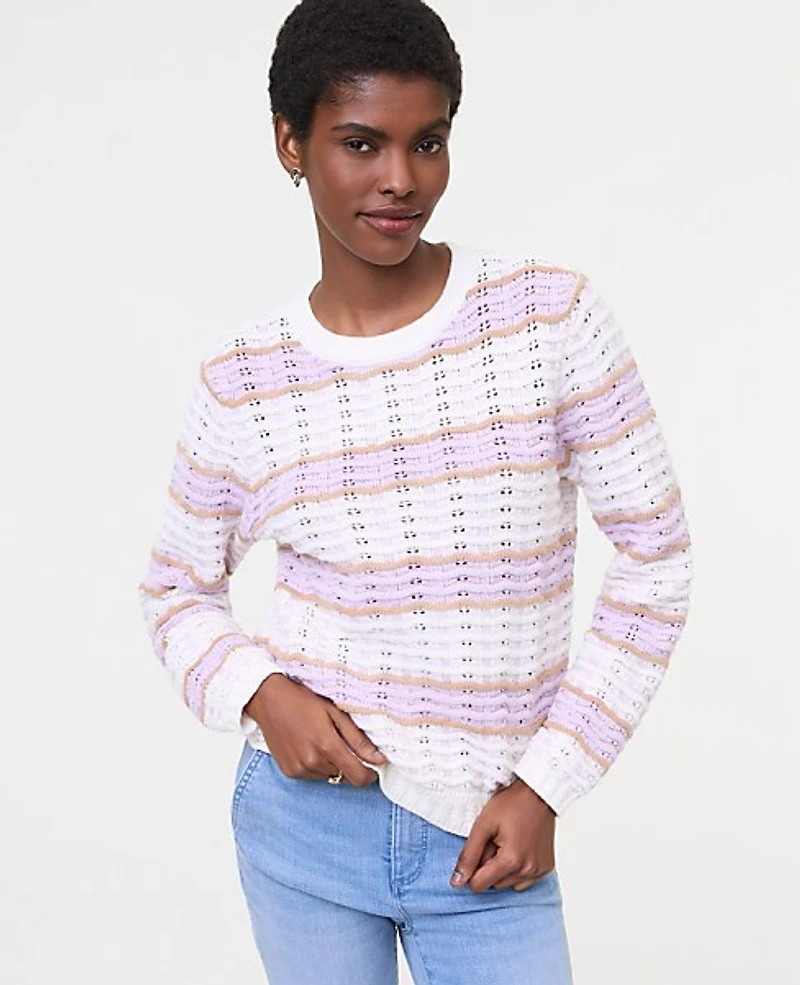 Ann Taylor Textured Stitch Striped Sweater White Multi Women's