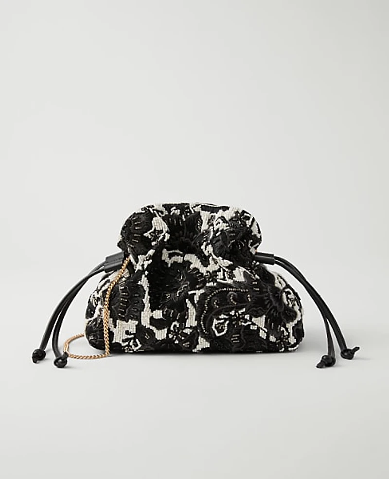 Ann Taylor Beaded Mini Drawstring Clutch Handbag Black Women's