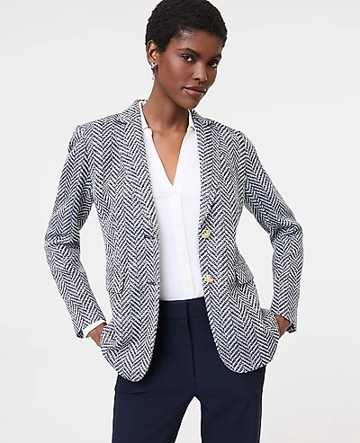 Ann Taylor The Greenwich Blazer in Herringbone Tweed Size 2 Speckled Navy/White Women's