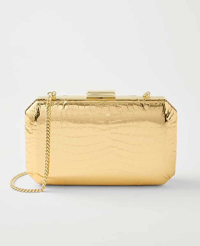 Ann Taylor Beveled Metallic Croco Clutch Handbag Gold Metallic Women's