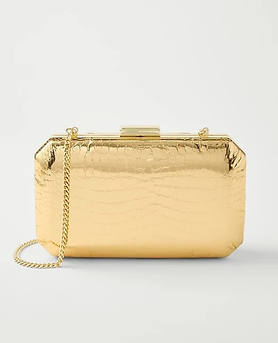 Ann Taylor Beveled Metallic Croco Clutch Handbag Gold Metallic Women's