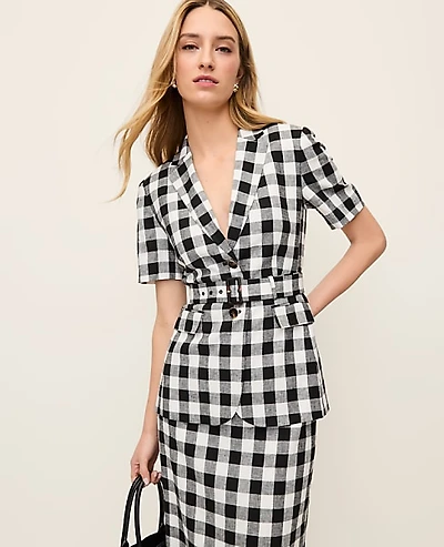 Ann Taylor The Belted Greenwich Blazer Gingham Linen Blend Black - Ww Women's