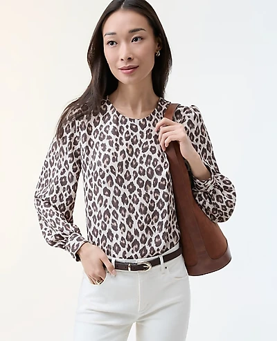 Ann Taylor Animal Print Crew Neck Blouse Pale Linen Women's