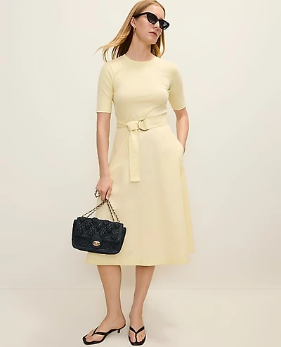 Ann Taylor Mixed Media Flare Midi Dress Yellow Buttercream Women's