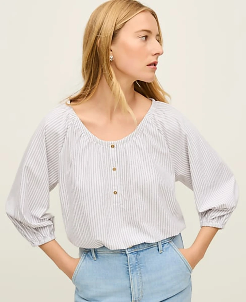 Ann Taylor Striped Bubble Hem Top White/Olive Combo Women's