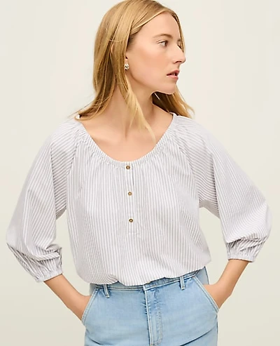 Ann Taylor Striped Bubble Hem Top White/Olive Combo Women's