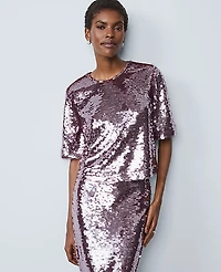 Ann Taylor Petite Sequin Crew Neck Blouse Frosted Burgundy Women's
