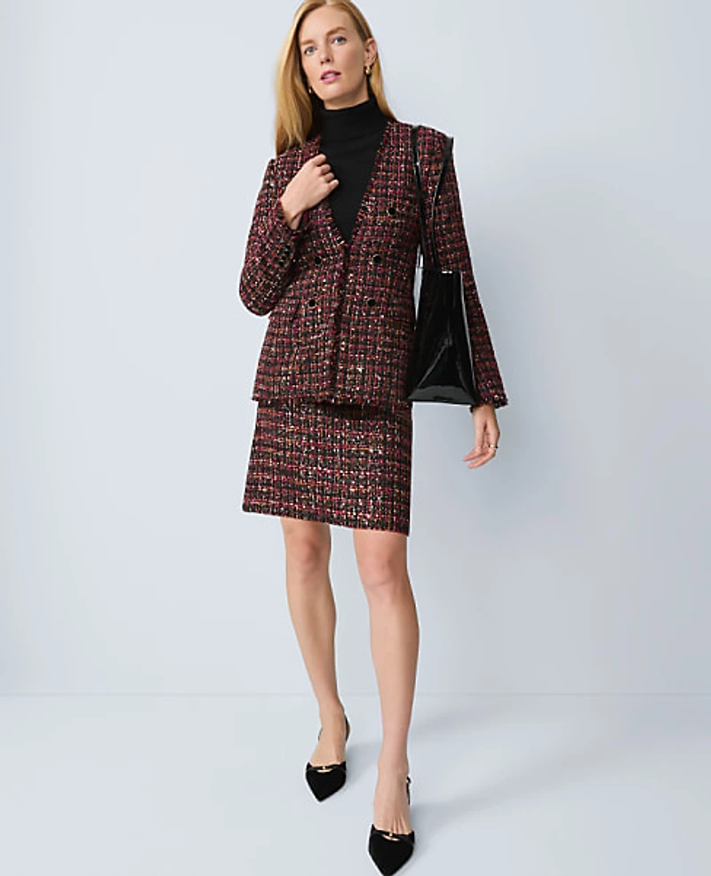 Ann Taylor The Petite Long V-Neck Sequin Tweed Jacket Red/Black Multi Women's