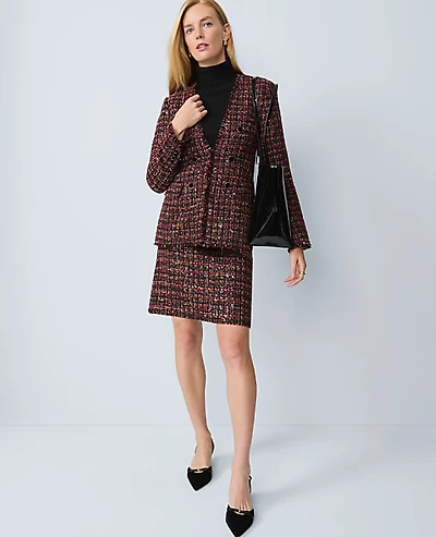 Ann Taylor The Petite Long V-Neck Sequin Tweed Jacket Red/Black Multi Women's
