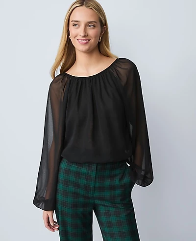 Ann Taylor Shirred Crew Neck Blouse Black Women's