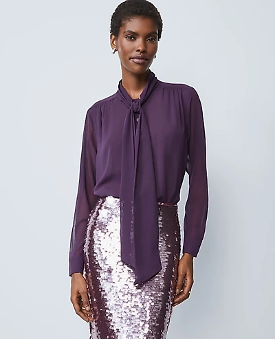 Ann Taylor Petite Bow Blouse Size XS Aubergine Dream Women's