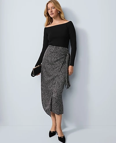 Ann Taylor Petite Dotted Side-Tie Satin Midi Skirt Black Women's